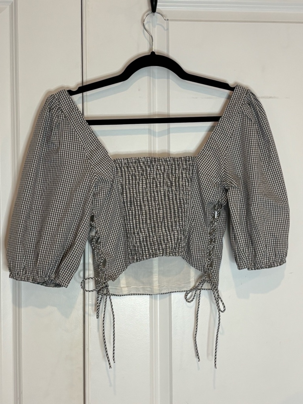NWT Abercrombie & Fitch Gray White Gingham Puff Sleeve Lace Up Corset Crop Top M - Picture 5 of 8